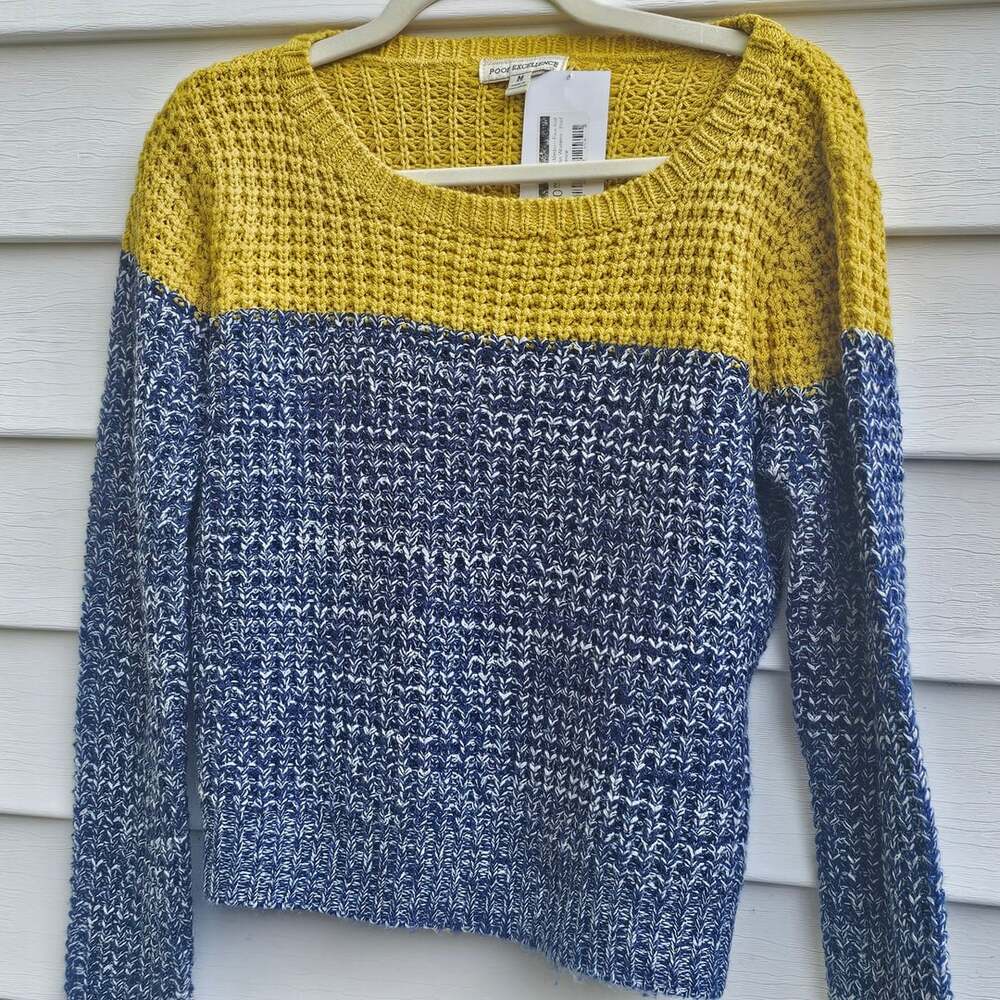 Poof Excellence Sweater Size M Yellow Blue Colorblock Acrylic